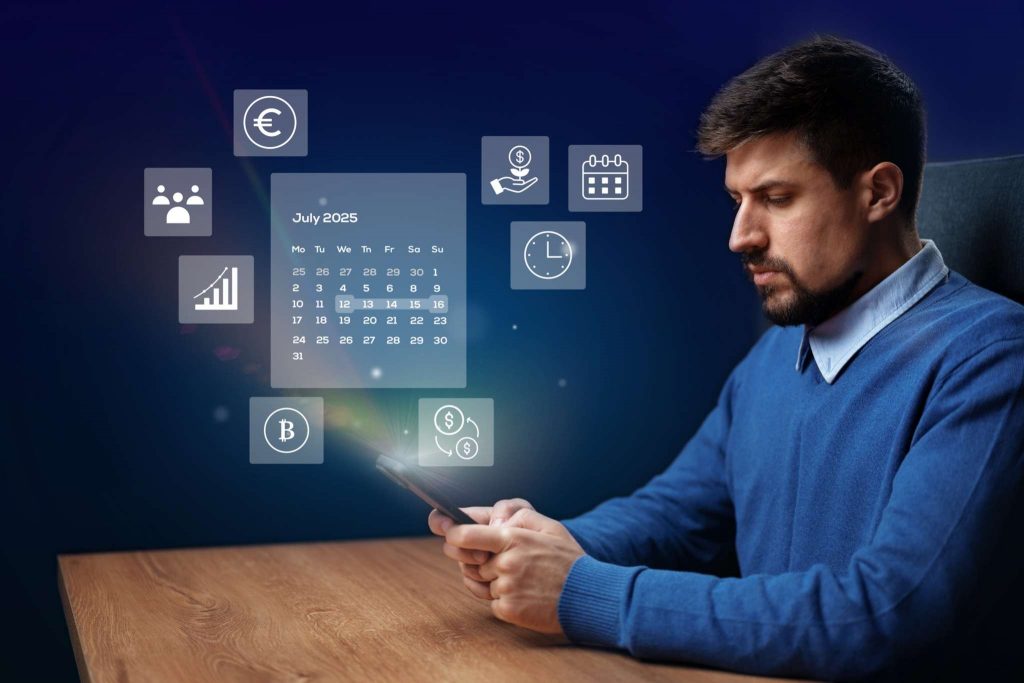 Business professional planning daily schedule using time-blocking on tablet.